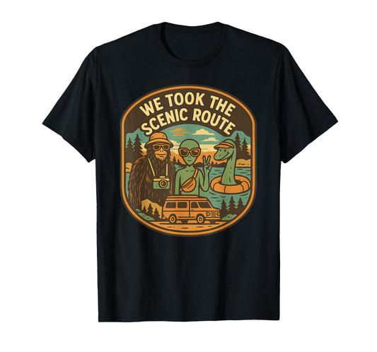 Scenic Route Funny Cryptid Road Trip Bigfoot Alien Nessie T-Shirt