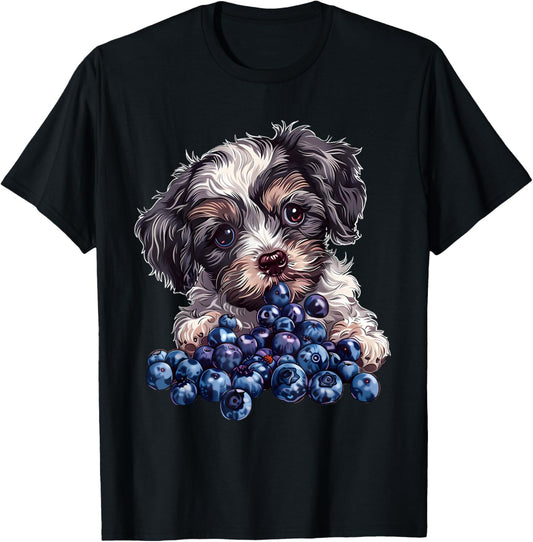 Blueberry Dog Animal Print Blueberries Drawing Portrait T-Shirt