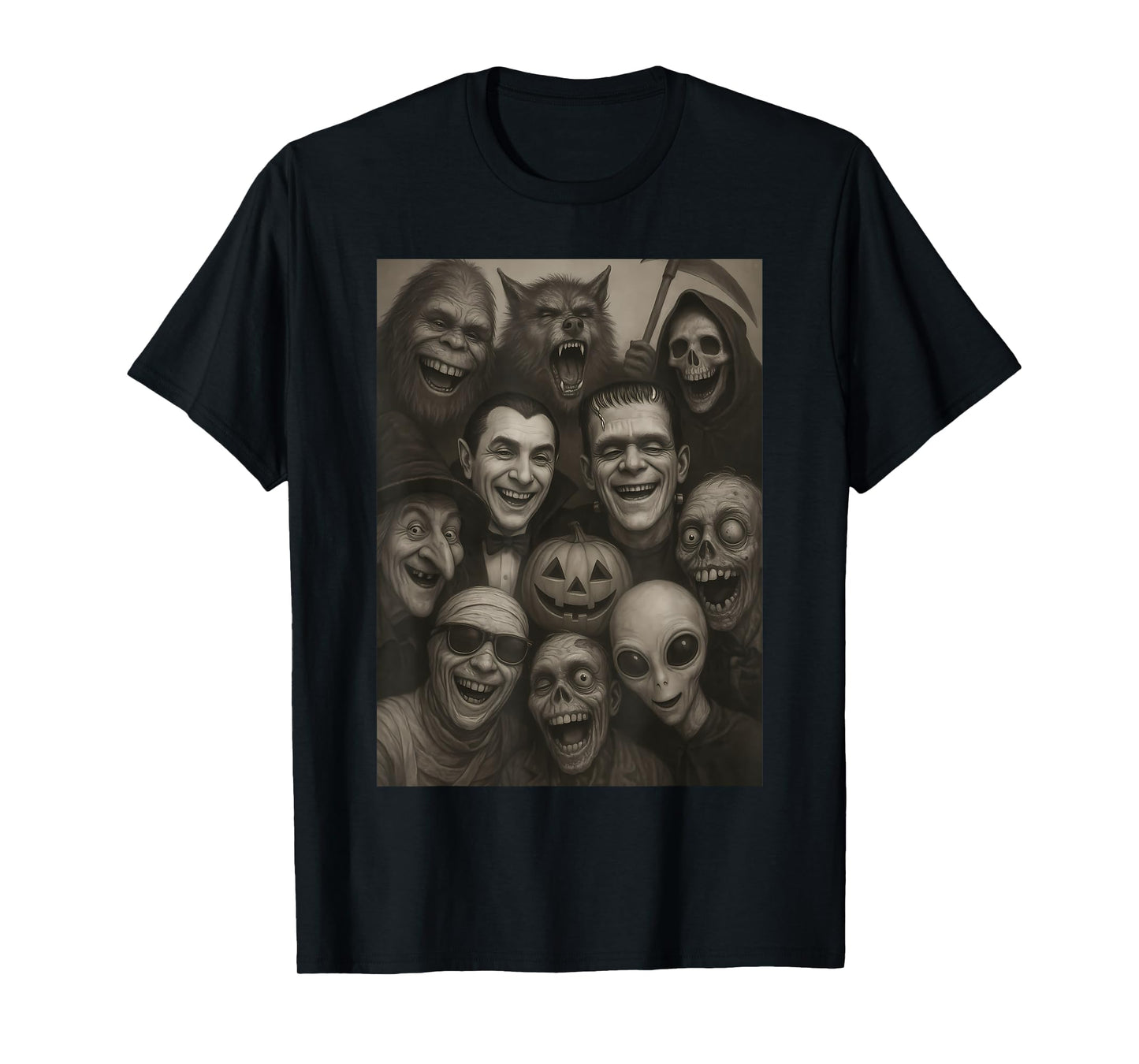 Halloween Bigfoot Alien Dracula Frankenstein Monster Selfie T-Shirt