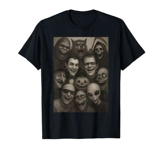 Halloween Bigfoot Alien Dracula Frankenstein Monster Selfie T-Shirt