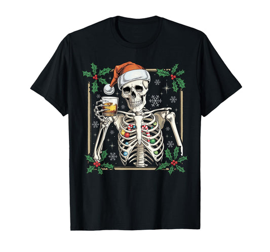 Funny Skeleton Santa Hat Drinking Bourbon Whiskey Christmas T-Shirt
