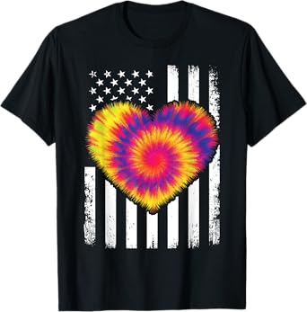 Tie Dye Heart Usa Flag Colors White, Red & Blue 4th of July T-Shirt