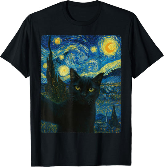 Black Cat Selfie Van Gogh's Starry Night Cat Mom Cat Lover T-Shirt