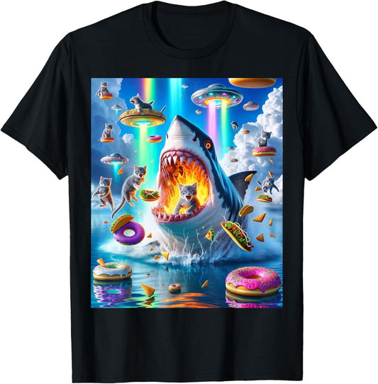 Cat Kitty Riding Fire Breathing Shark Rainbow Laser Taco T-Shirt