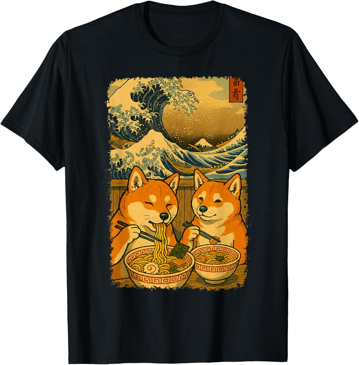 Kawaii Shiba Inu Ramen Noodles Japanese Ukiyoe Great Wave T-Shirt