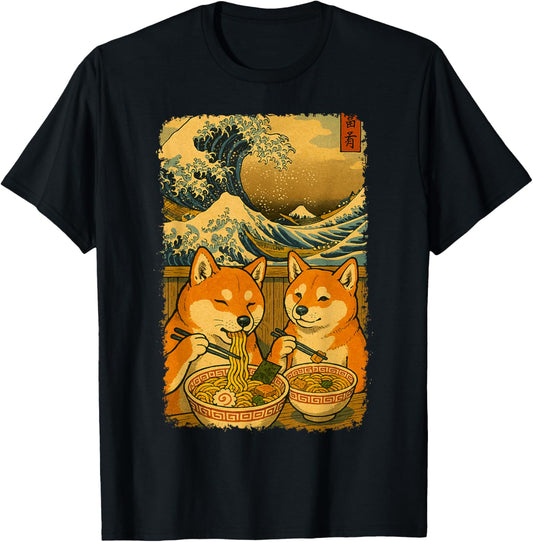 Kawaii Shiba Inu Ramen Noodles Japanese Ukiyoe Great Wave T-Shirt