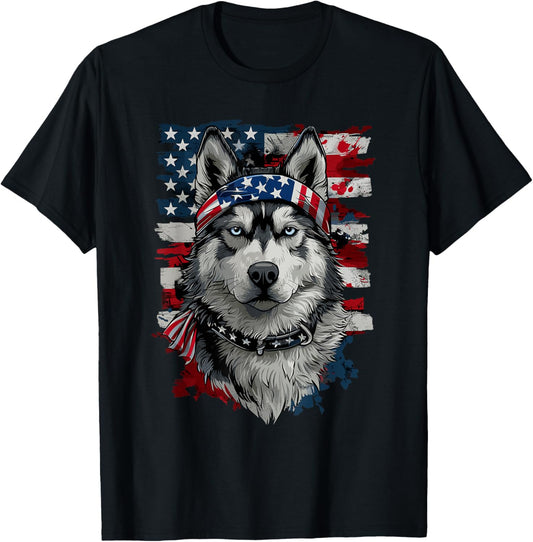 Husky Dog Patriotic 4th Of July USA American Flag T-Shirt