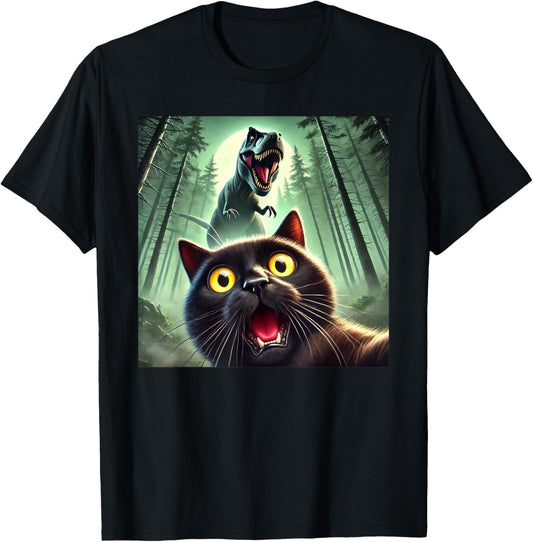 Black Cat Selfie With T-Rex Dinosaur Funny T-Shirt