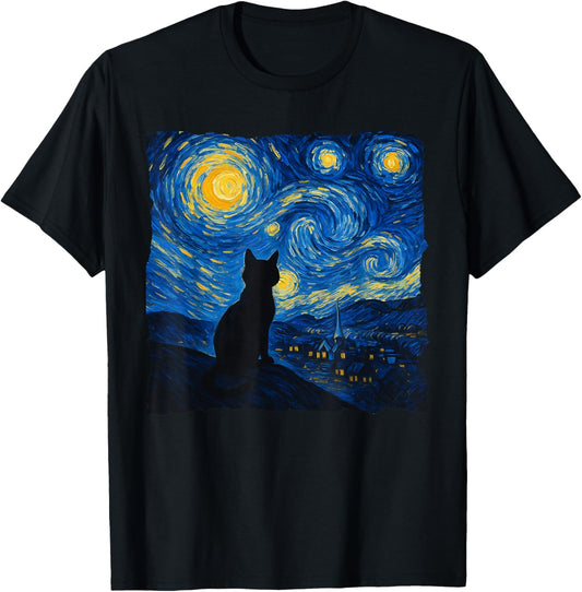 Starry Night Van Gogh Cat Silhouette Art T-Shirt