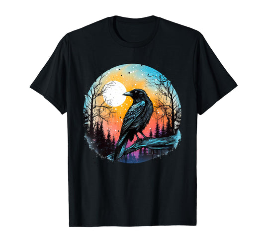 Vintage Raven Crow Forest Bird Graphic Art Design Print T-Shirt