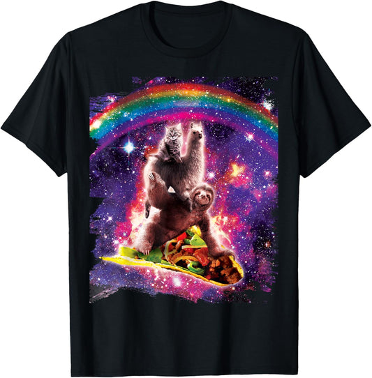 Space Cat Llama Sloth Riding Taco T-Shirt