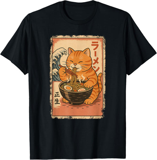 Orange Tabby Cat Eats Ramen Noodles Japanese Vintage T-Shirt