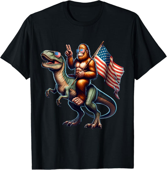 Bigfoot Sasquatch Riding Dinosaur T rex. Funny 4th Of July T-Shirt