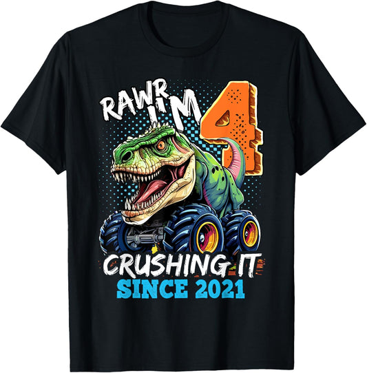 4th Birthday Monster Truck Dinosaur Party Boys Rawr I'm 4 T-Shirt