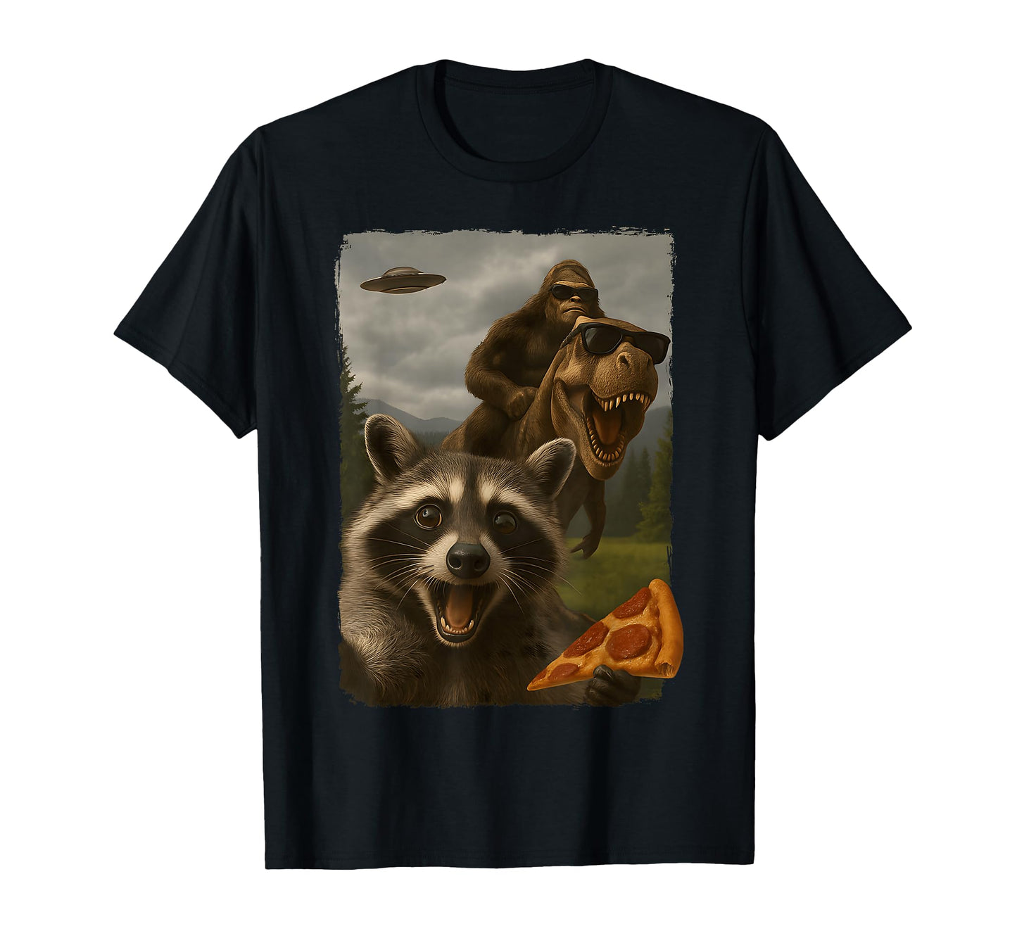 Funny Raccoon Selfie Bigfoot Sasquatch Riding T-Rex UFO T-Shirt