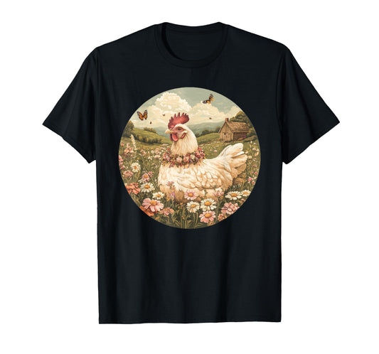 Cute Cottagecore Aesthetic Floral Chicken Flowers T-Shirt