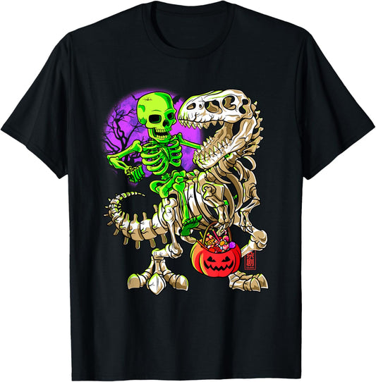 Green Skeleton T-Rex Halloween Kids Pumpkin Dinosaur T-Shirt