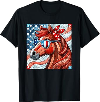 Horse 4th of July Shirt Women Girls Horse American USA Flag T-Shirt