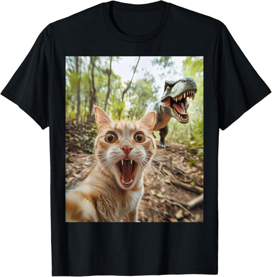 Funny Cat Selfie With T-Rex Dinosaur Cat Lover Mens Womens T-Shirt
