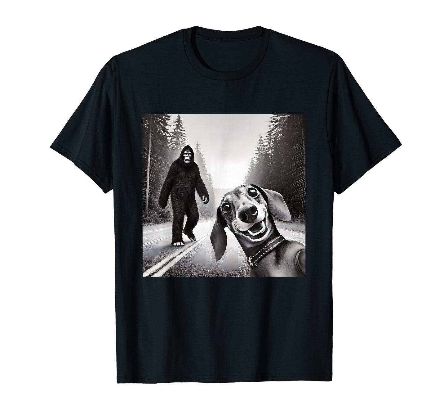 Comical Dachshund Encounters Mythical Creatures Unisex T-Shirt - Bigfoot And Dachshund On Road - Black - Small - Short Sleeve