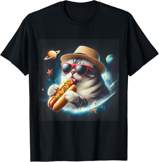 Funny Cat eating Hotdog in space kitty Space Galaxy T-Shirt