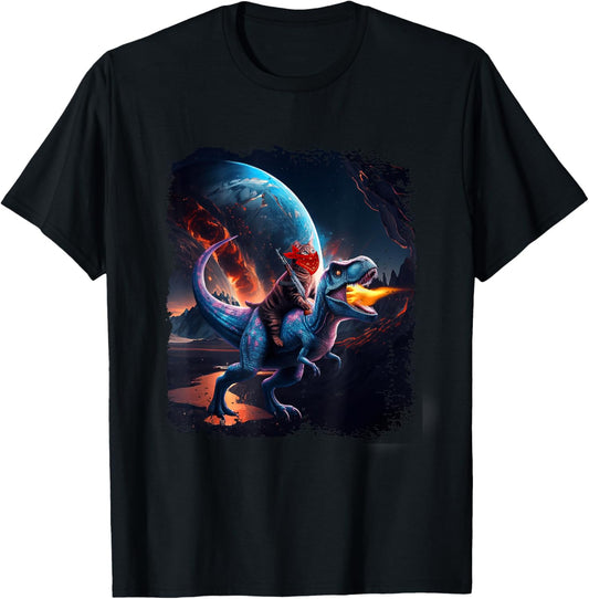 Cat Riding Dinosaur T-Rex Picture Like Galaxy Cat Sci-Fi T-Shirt