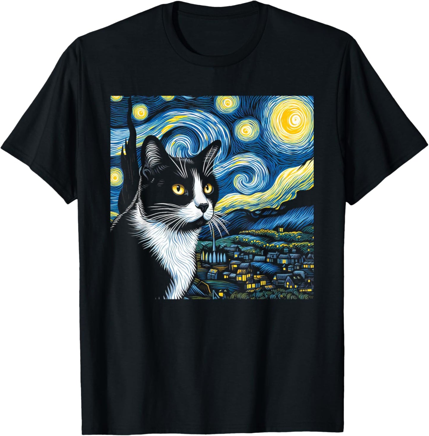 Tuxedo Cat Starry Night Painting Tuxedo Cat Lover T-Shirt