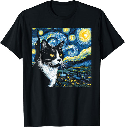Tuxedo Cat Starry Night Painting Tuxedo Cat Lover T-Shirt