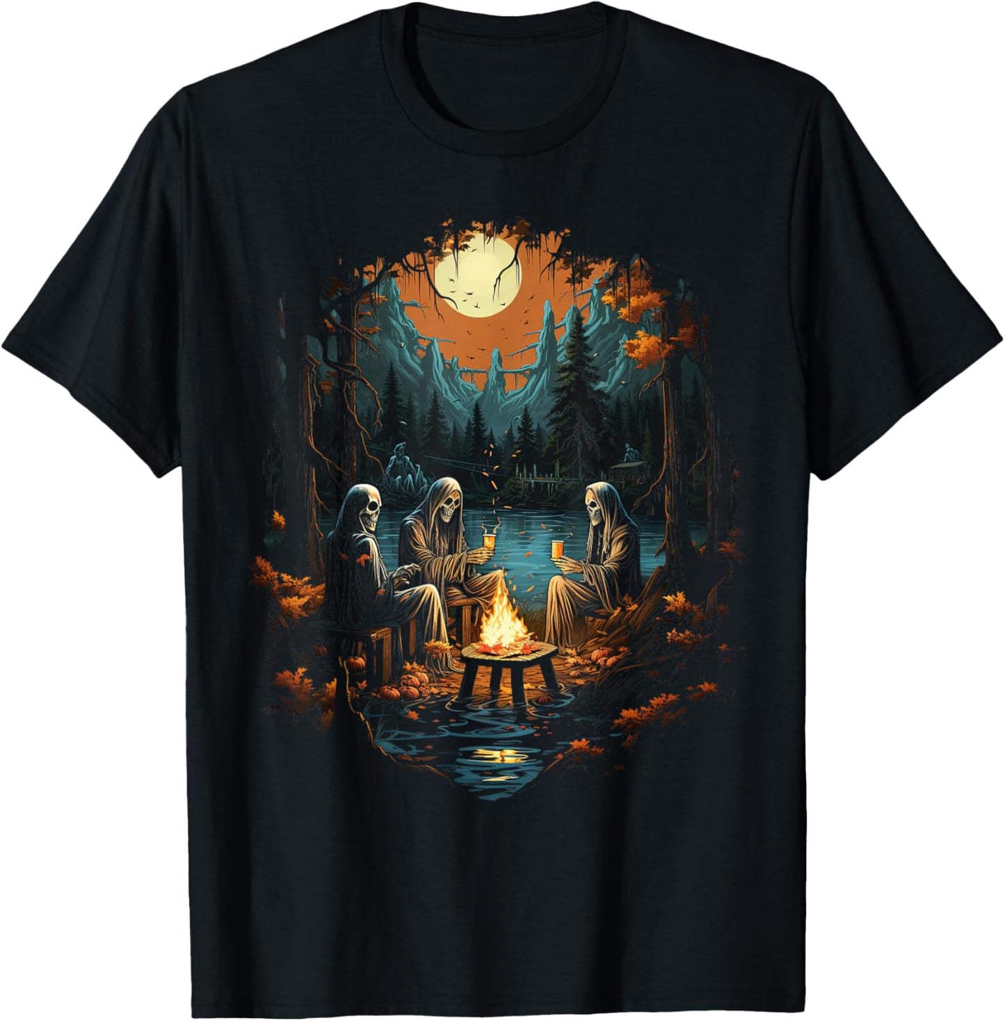 Vintage Ghost and Skeleton by Fire Camping Gothic Halloween T-Shirt