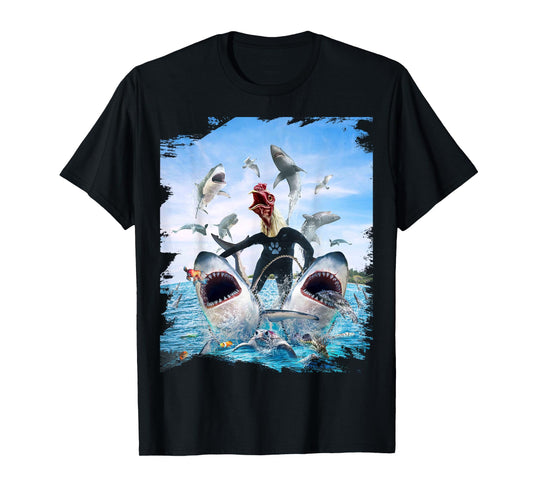 Chicken Riding Shark Sharks At Beach Ocean Funny T-Shirt