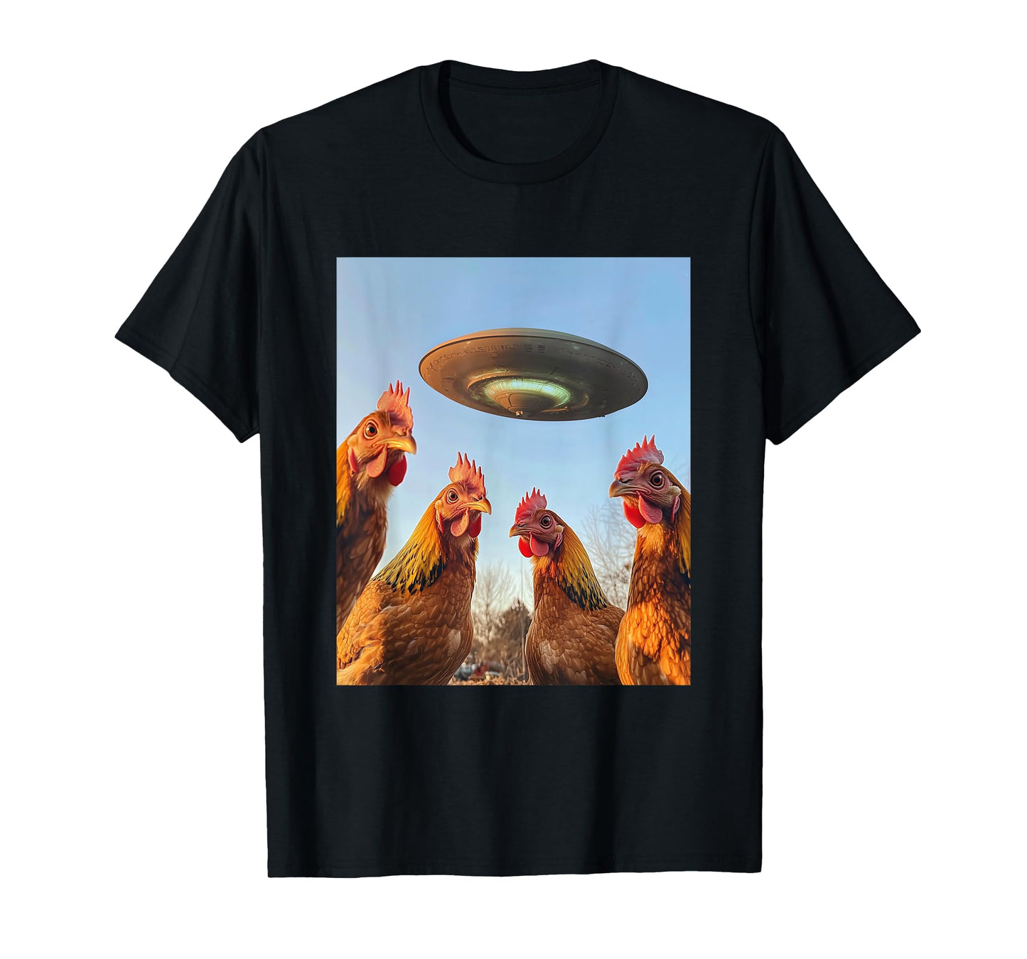 Chicken Selfie with UFOs Aliens Funny Graphic T-Shirt