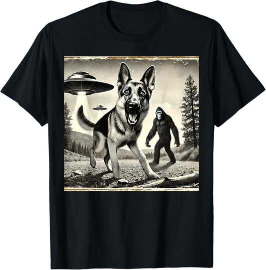 Funny German Shepherd, UFO, and Bigfoot Sasquatch Adventure T-Shirt