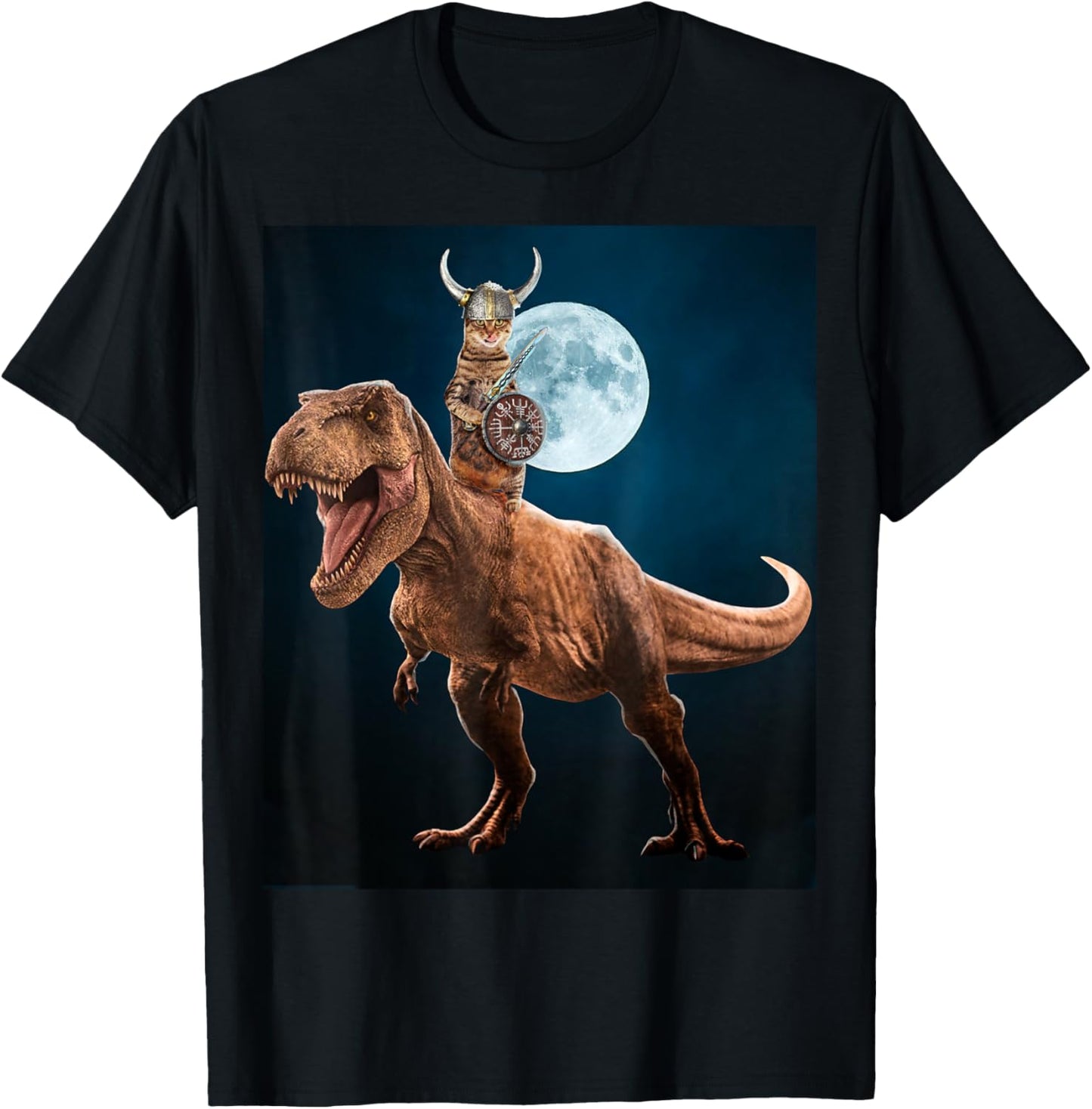 Viking Cat Riding T-Rex Dinosaur by Moonlight Funny T-Shirt