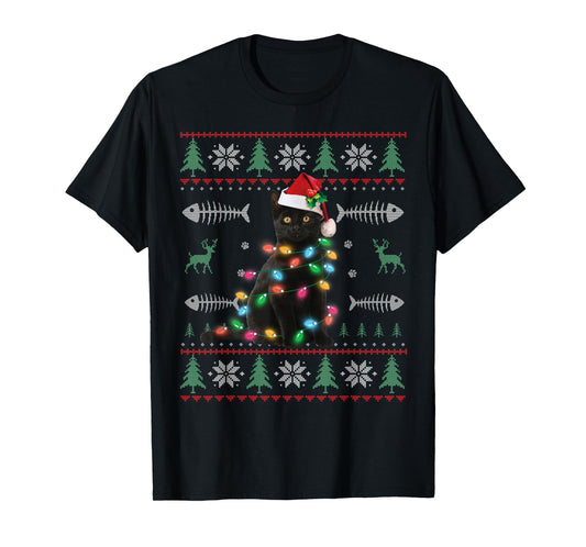 Black Cat Ugly Christmas Sweater Xmas Kitten For Adults Kids T-Shirt