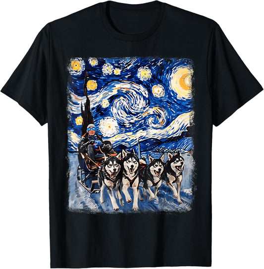 Mushing Sled Dog Siberian Husky Starry Night Painting T-Shirt