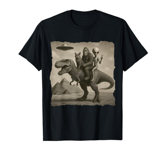 Funny Cat Alien and Bigfoot Riding Dinosaur T-Rex. UFO Lover T-Shirt