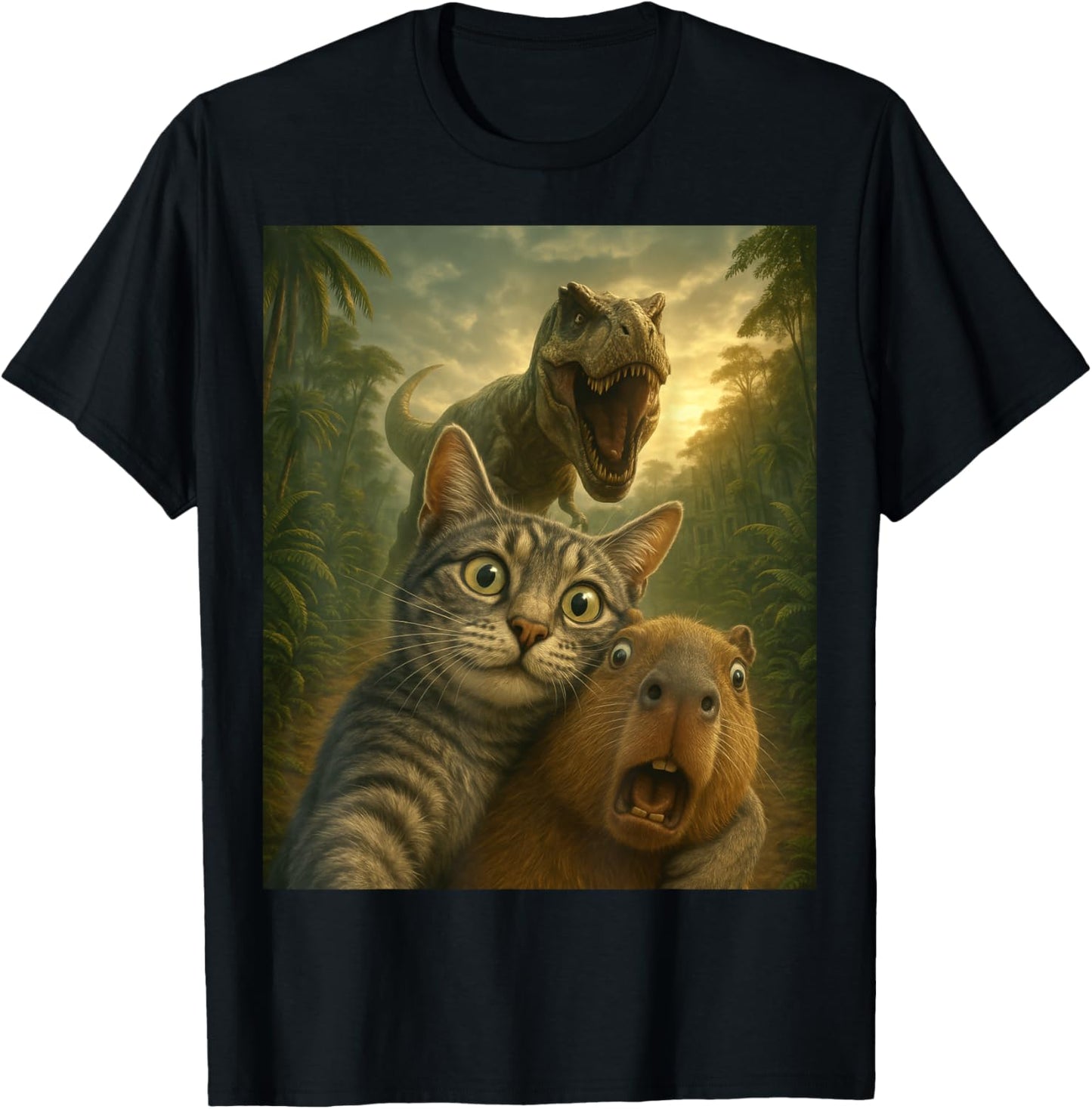 Scared Cat and Capybara Selfie with T-Rex Dinosaur Surreal T-Shirt