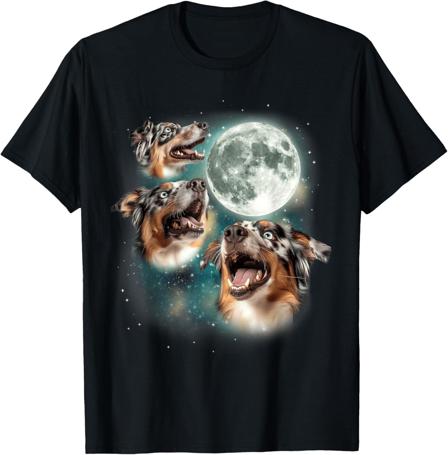 3 Australian Shepherds Moon | Three Aussies Howling Dog Meme T-Shirt