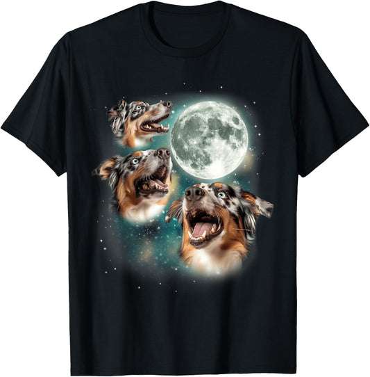 3 Australian Shepherds Moon | Three Aussies Howling Dog Meme T-Shirt