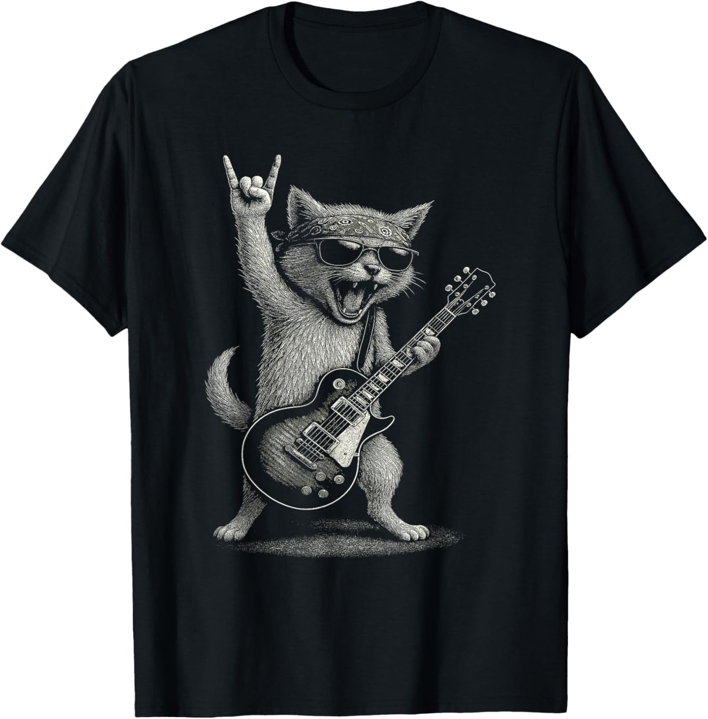 Retro Cat Rock Music Gifts Men Kids Women Funny Cat Guitar T-Shirt