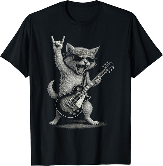 Retro Cat Rock Music Gifts Men Kids Women Funny Cat Guitar T-Shirt