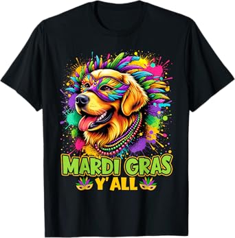 Golden Retriever Dog Mardi Gras Yall Beads Mask Colorful T-Shirt for Men Women Girls Kids