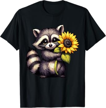 Raccoon Holding Sunflower Cute Flower T-Shirt