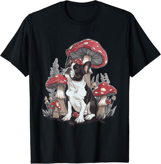 Boston Terrier Dog Cottagecore Aesthetic Mushroom Hat T-Shirt