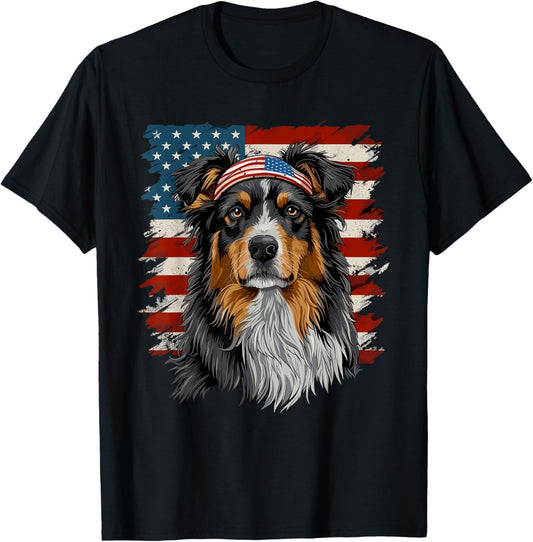 Australian Shepherd Patriotic 4th Of July USA American Flag T-Shirt