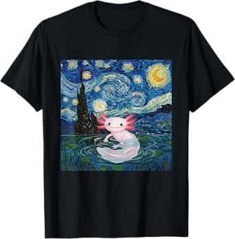 Playful Axolotl Kawaii Van Gogh Style Starry Night Graphic T-Shirt