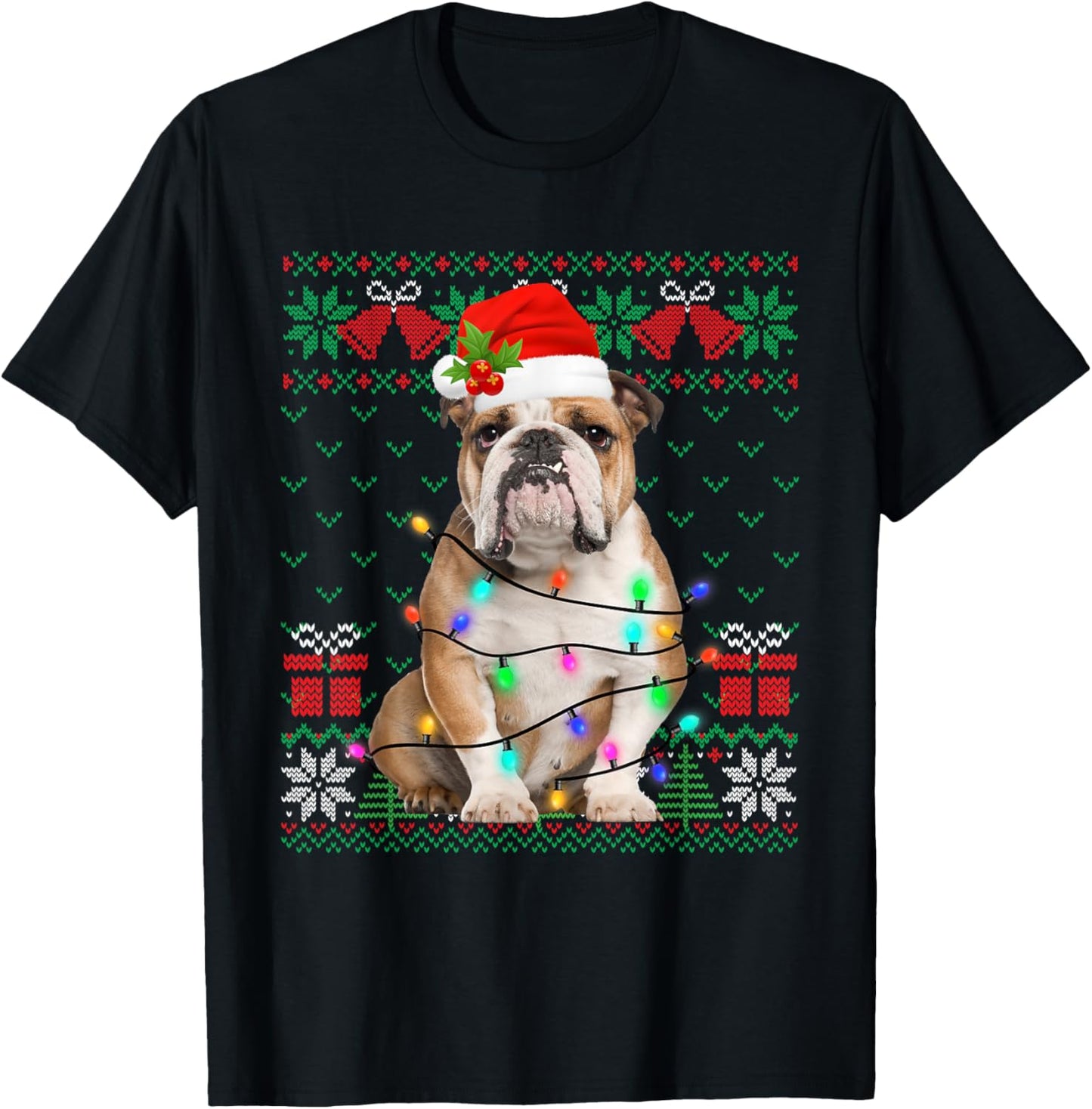 Cute English Bulldog Dog Santa Hat Ugly Sweater Xmas Lights T-Shirt