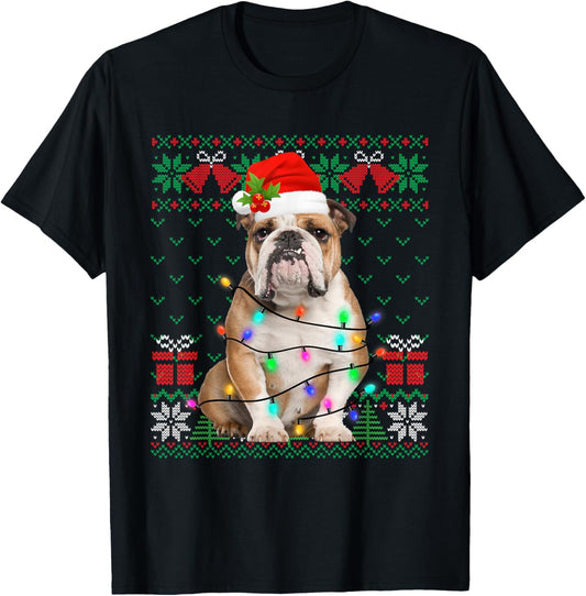 Cute English Bulldog Dog Santa Hat Ugly Sweater Xmas Lights T-Shirt