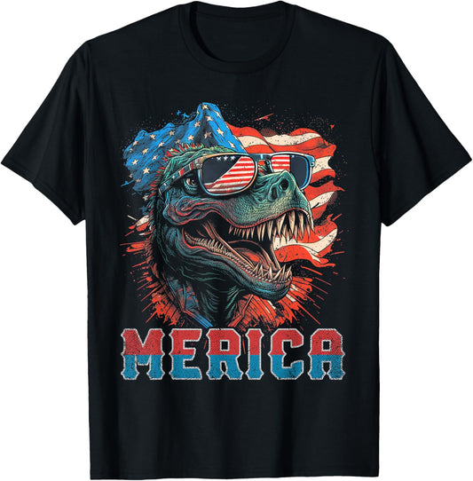 T Rex Dinosaur 4th of July American Flag USA America Funny T-Shirt
