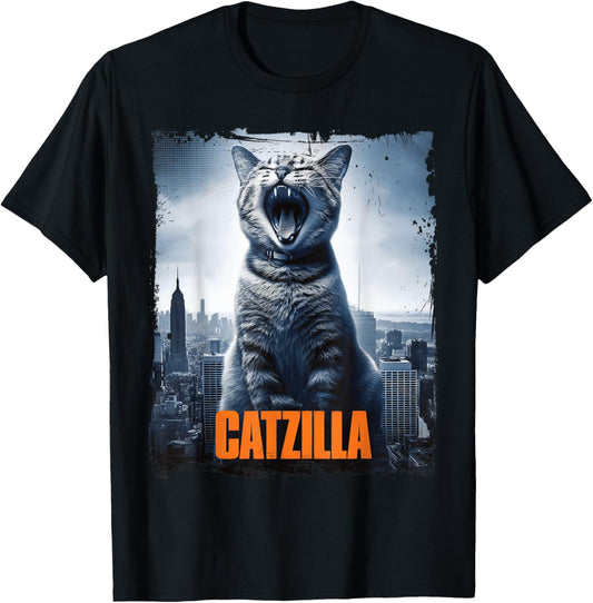 Catzilla Roaring Over City Skyline Cat Monster Kitten Kitty T-Shirt, Small, Black